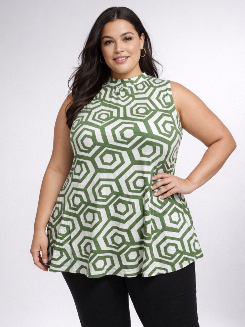 Lane Bryant Blouse 26/28 Green White Geometric Top Sleeveless High Neck Tunic